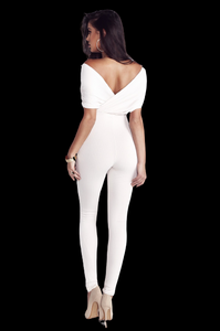 Elegant Knit Ribbed Women Off Shoulder V-neck High Waist Jumpsuit