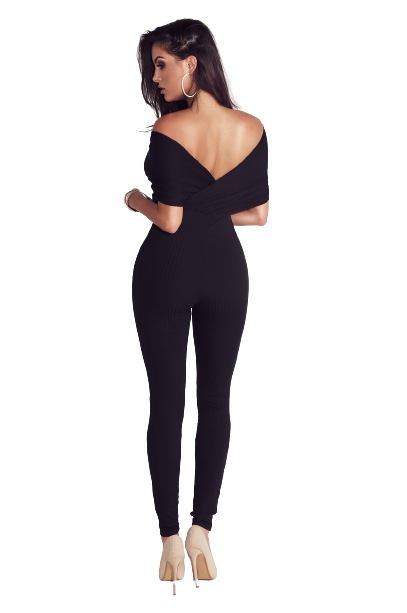 Elegant Knit Ribbed Women Off Shoulder V-neck High Waist Jumpsuit