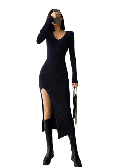 sexy French slit sweater dress