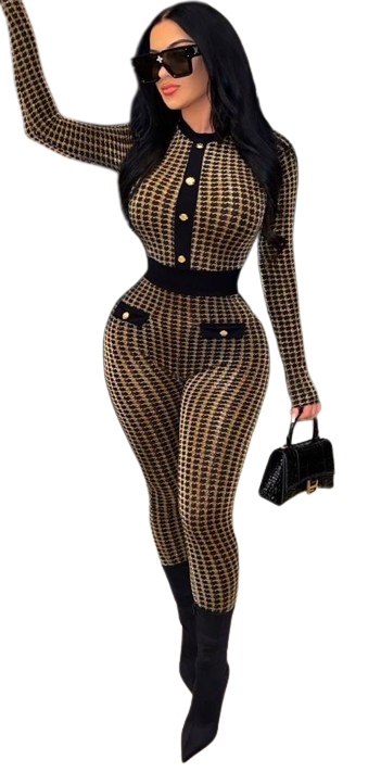 Women Houndstooth Patchwork Bodycon Long Sleeve Jumpsuit