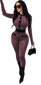 Women Houndstooth Patchwork Bodycon Long Sleeve Jumpsuit