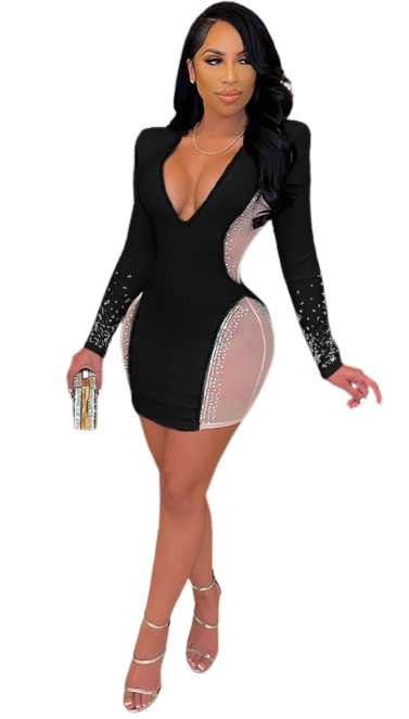 Women Mini Dress Diamonds Mesh Patchwork Bodycon Dresses