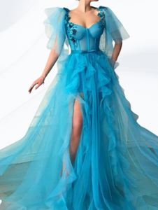 Blue Flowers Ruffles Evening Dress