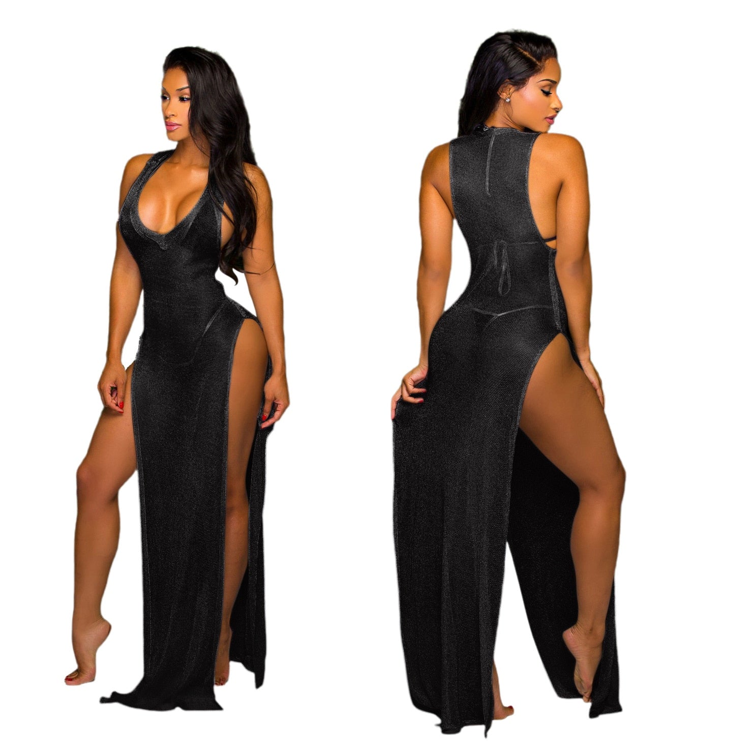 Women Beach Sexy High Split Elastic Sleeveless V-neck Tank Maxi Slim Bodycon Dress