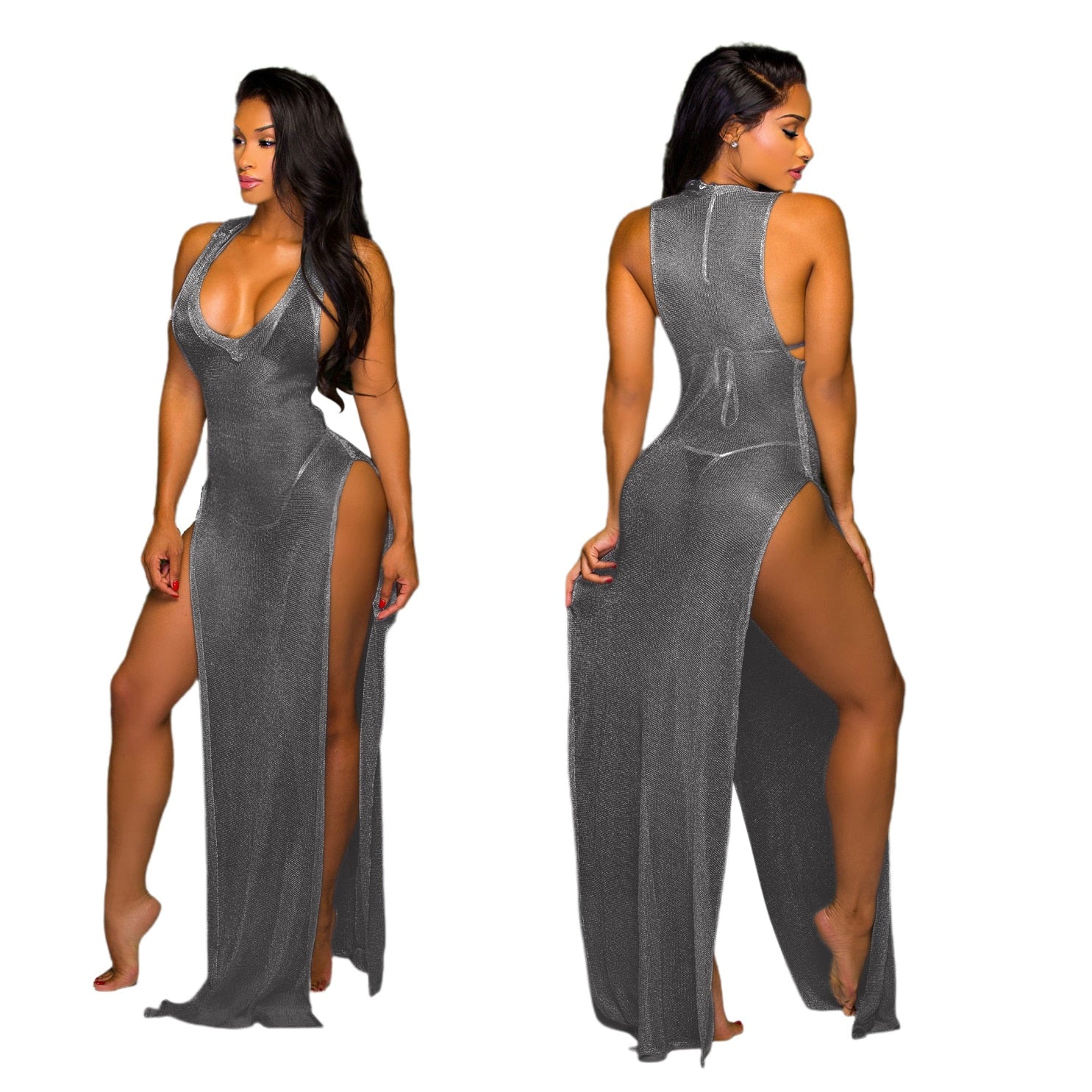 Women Beach Sexy High Split Elastic Sleeveless V-neck Tank Maxi Slim Bodycon Dress