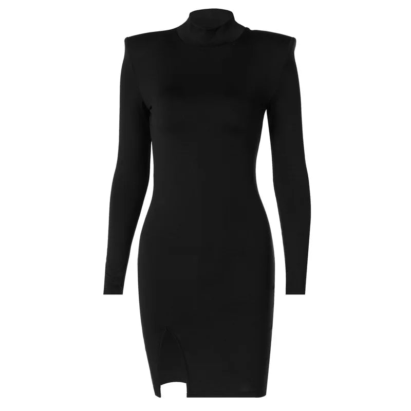 Long Sleeve Bodycon Solid Color Black Slim Package Hip Mini Dress