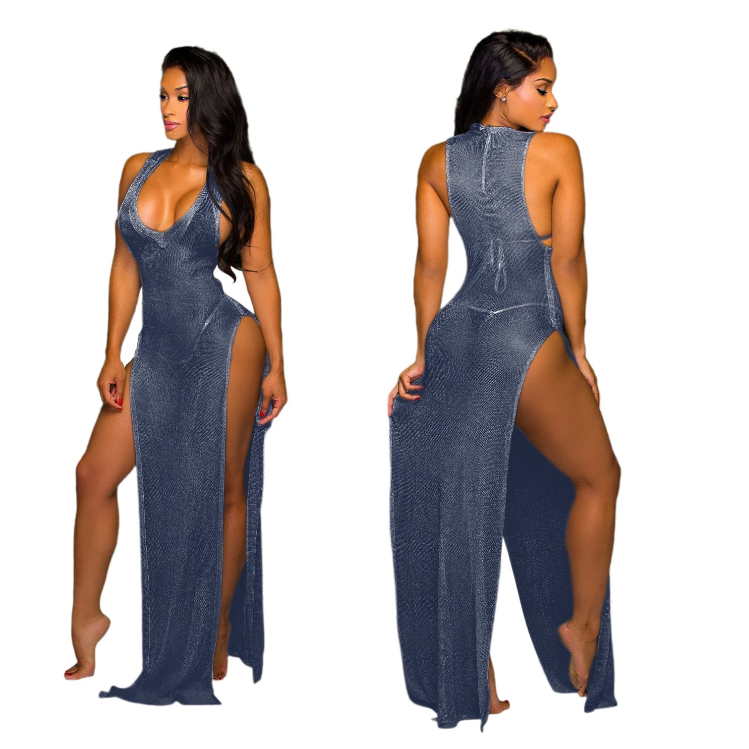 Women Beach Sexy High Split Elastic Sleeveless V-neck Tank Maxi Slim Bodycon Dress