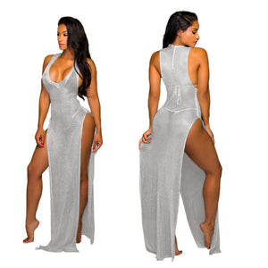 Women Beach Sexy High Split Elastic Sleeveless V-neck Tank Maxi Slim Bodycon Dress