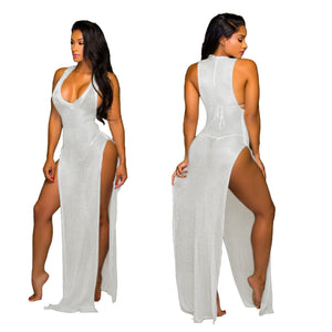 Women Beach Sexy High Split Elastic Sleeveless V-neck Tank Maxi Slim Bodycon Dress