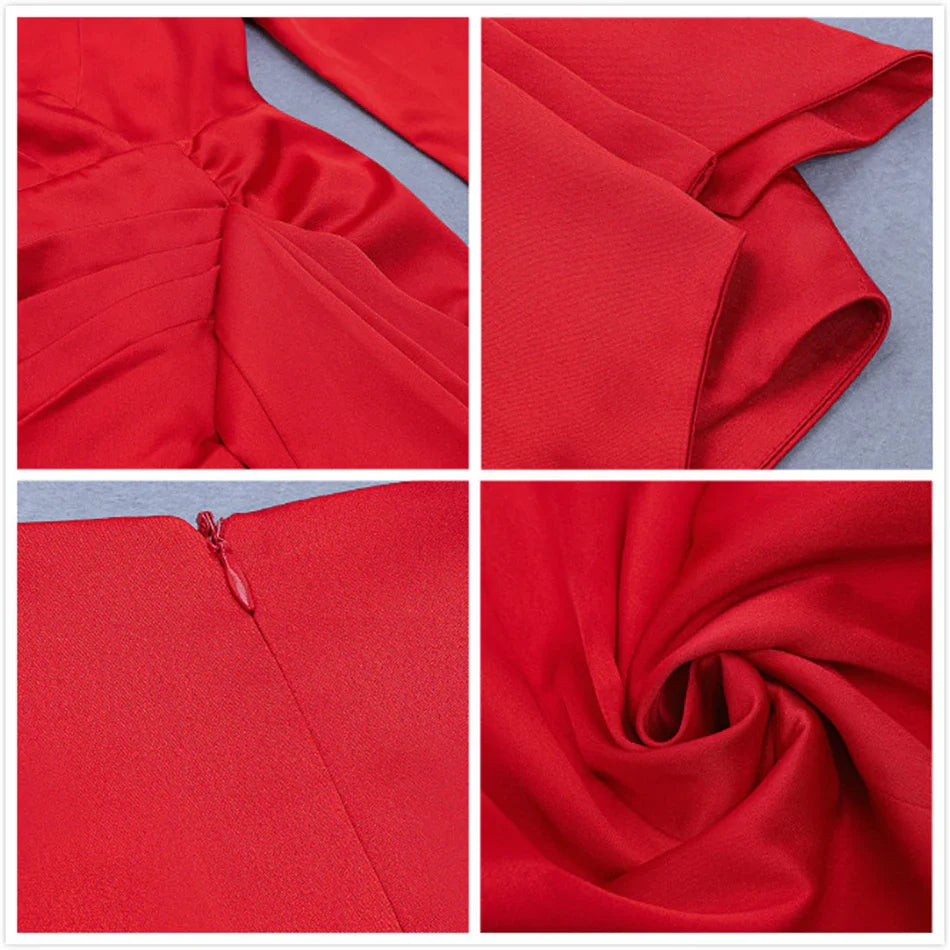 Free Shipping Sexy Red Satin Dress 2021 New Women's Deep V Neck Puff Sleeve Bodycon Draped Dress Club Night Party Mini Vestidos