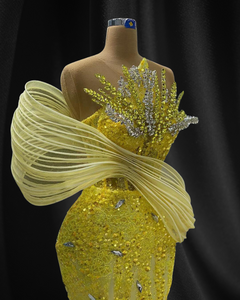 Yellow Celebrity Women Beaded Sparkly Evening Gowns