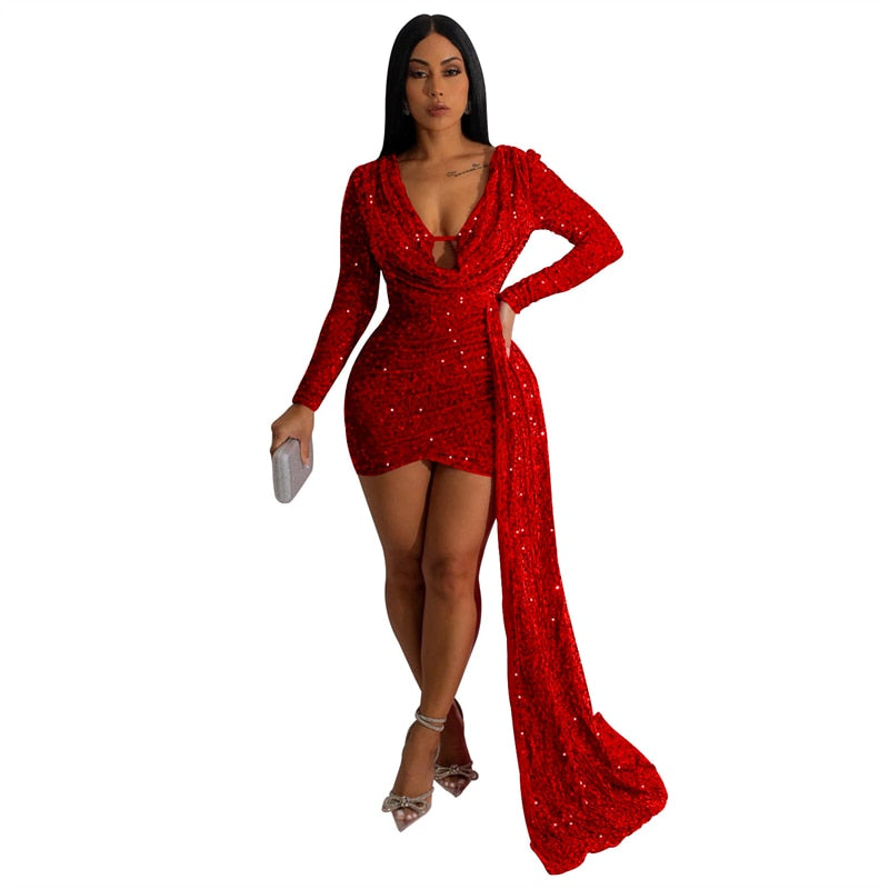 Adogirl Sequins Ribbon Mini Evening Party Dress Women Sexy Deep V Neck Long Sleeve Bodycon Night Club Vestidos Birthday Outfits