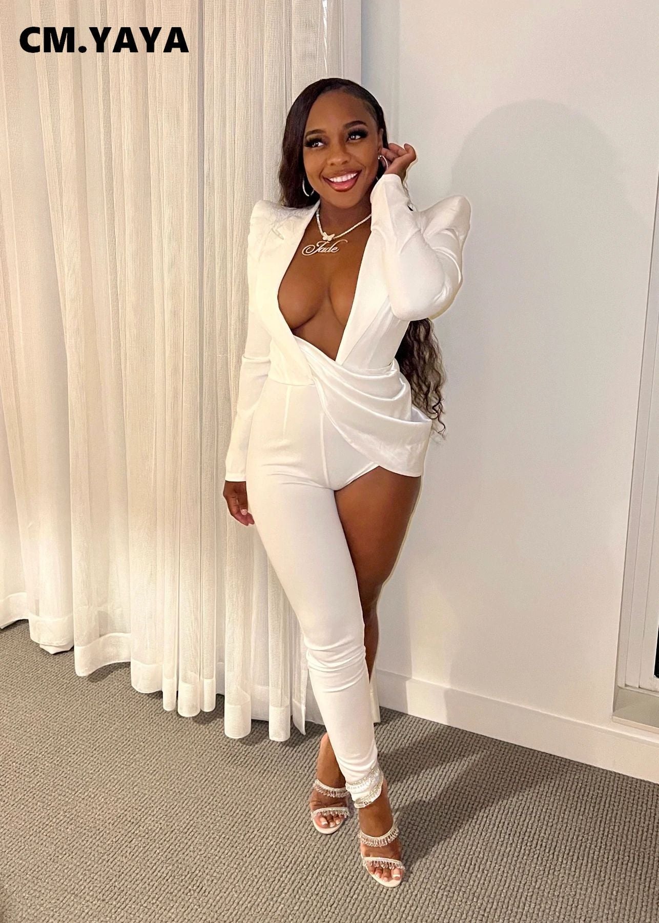 Elegant Women Sexy Party One Leg Blazer Style Long Sleeve Jumpsuit