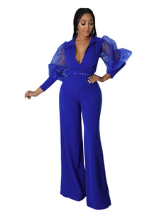 Women Mesh Lanter Long Sleeve with Belt High Waist Lapel Notched Collar Jumpsuit Playsuit Romper One Piece Set Outfits