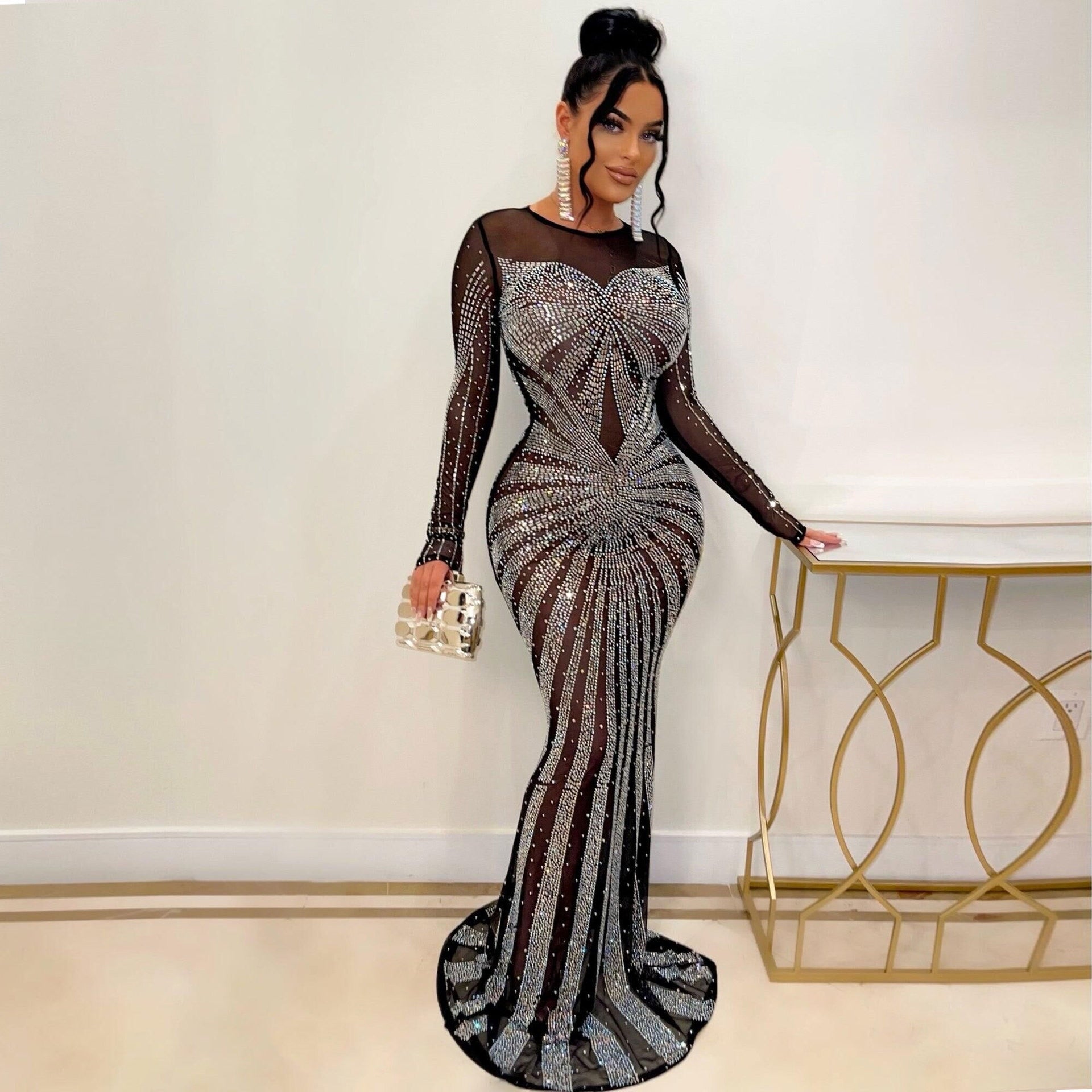 CM.YAYA Women Mesh Patchwork Diamonds Hot Rhinestones Bodycon Midi Mermaid Maxi Dress 2023 Evening Sexy Party Dresses Vestidos