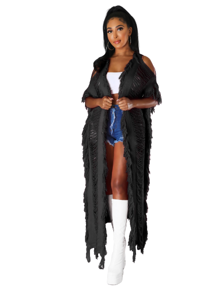 Elegant Women Knit Ribbed Short Sleeve Hole Tassel Side Maxi Long Cardigan Sweater Capes Ponchos Outcoat