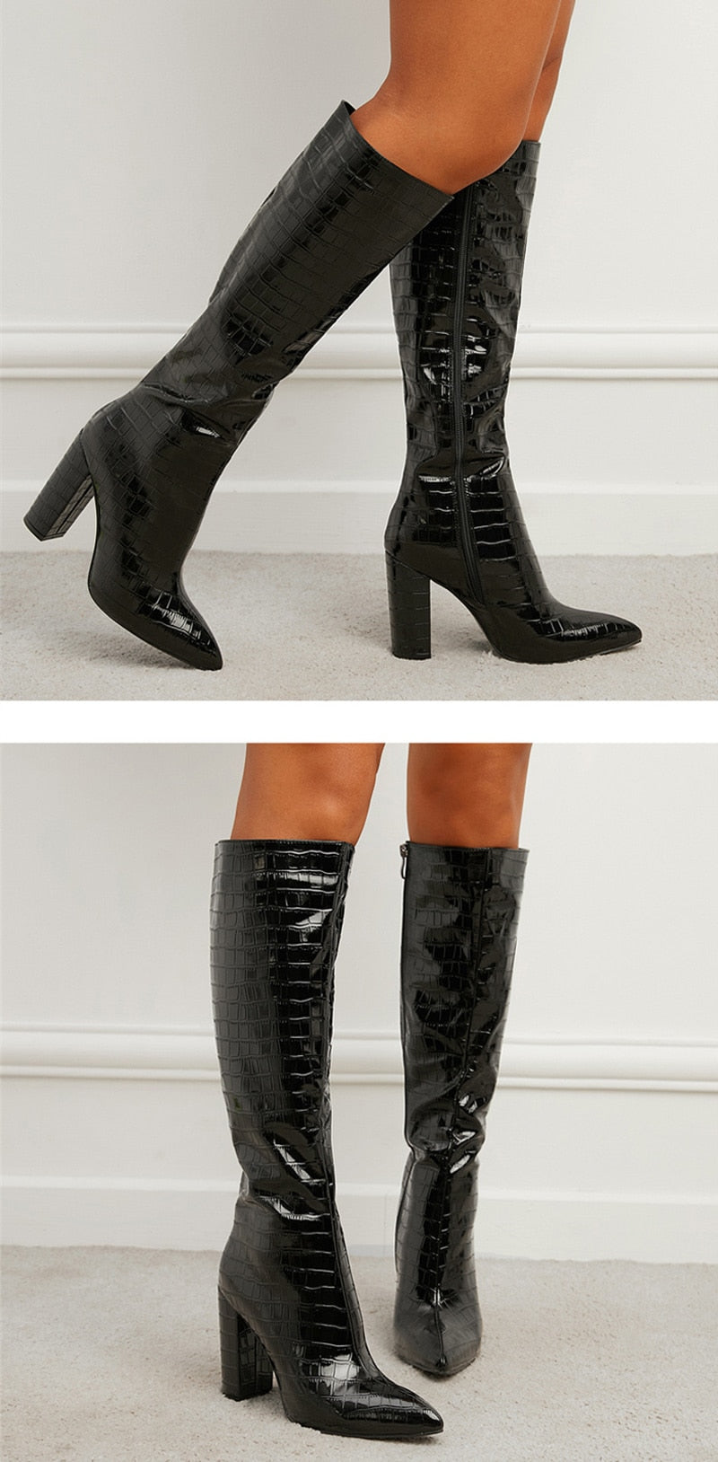 Spring Autumn Motorcycle Women Pointed Toe Zip Knee High Boots