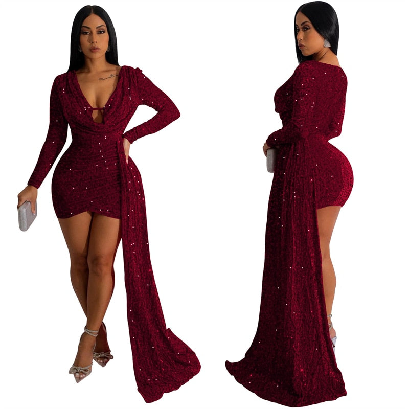 Adogirl Sequins Ribbon Mini Evening Party Dress Women Sexy Deep V Neck Long Sleeve Bodycon Night Club Vestidos Birthday Outfits