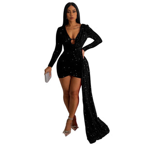 Adogirl Sequins Ribbon Mini Evening Party Dress Women Sexy Deep V Neck Long Sleeve Bodycon Night Club Vestidos Birthday Outfits