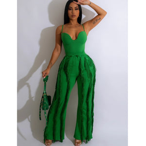 Set Strapless Plunging V-neck Top and Tassel Straight Pants Suit Two 2 Piece Set Outfits Tracksuit