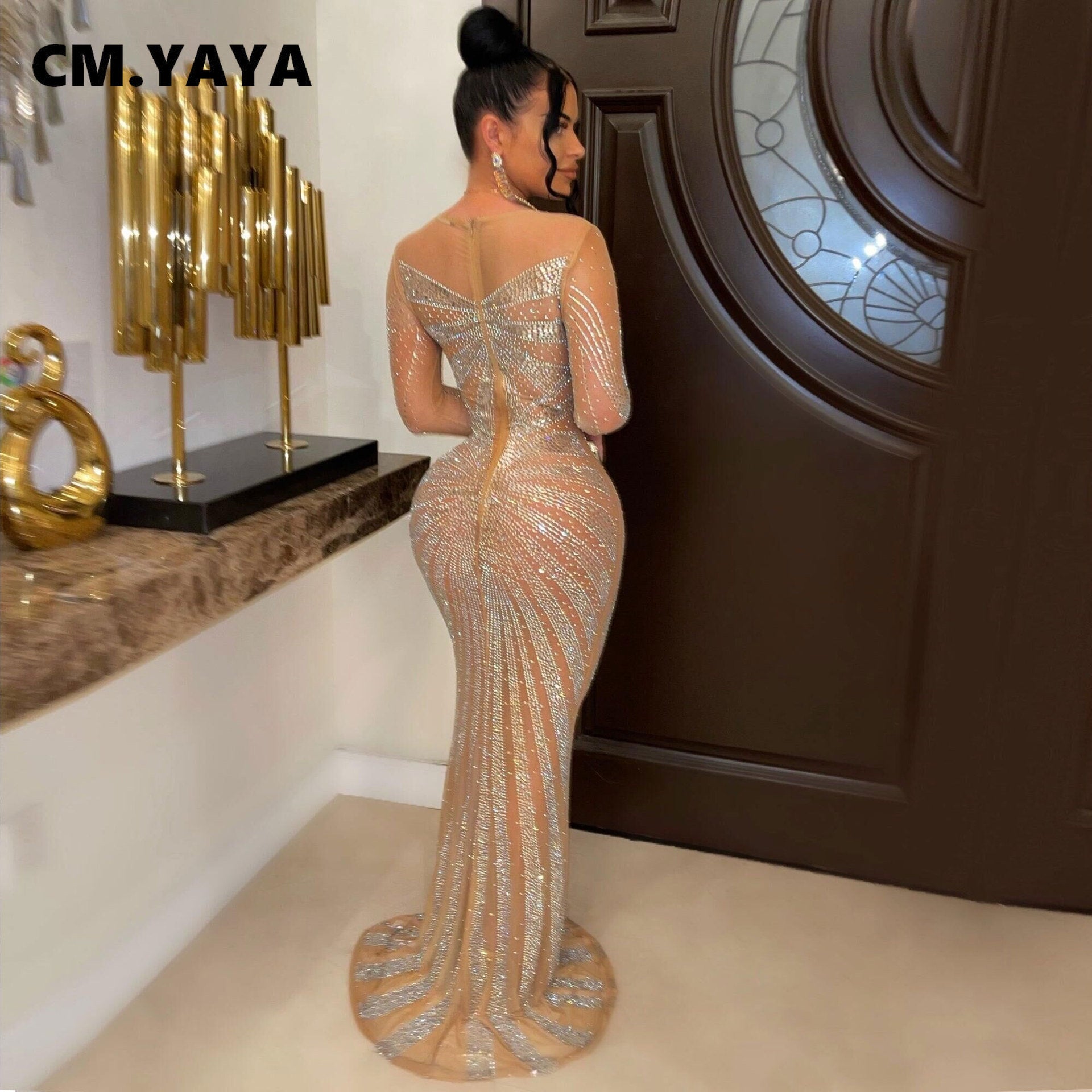 CM.YAYA Women Mesh Patchwork Diamonds Hot Rhinestones Bodycon Midi Mermaid Maxi Dress 2023 Evening Sexy Party Dresses Vestidos