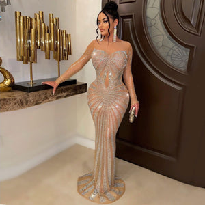 CM.YAYA Women Mesh Patchwork Diamonds Hot Rhinestones Bodycon Midi Mermaid Maxi Dress 2023 Evening Sexy Party Dresses Vestidos