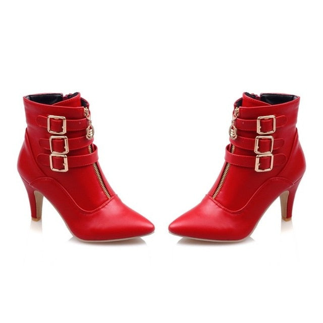 Women Ankle Boots Pointed Toe High Heels Buckle Footwear