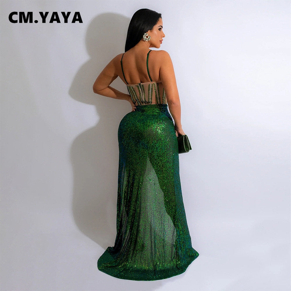 CM.YAYA Women Sequined Patchwork High Side Slit Sleeveless Bodycon Midi Maxi Long Dress 2023 Evening Sexy Party Dresses Vestidos