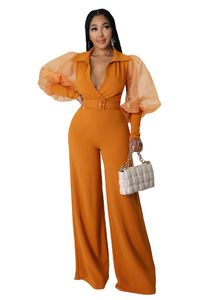 Women Mesh Lanter Long Sleeve with Belt High Waist Lapel Notched Collar Jumpsuit Playsuit Romper One Piece Set Outfits