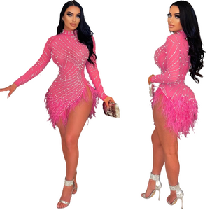 CM.YAYA Women Diamonds Hot Rhinestones Fur Hem Asymmetrical Long Sleeve Midi Dress Sexy Party Clubwear Night Bodycon Dresses