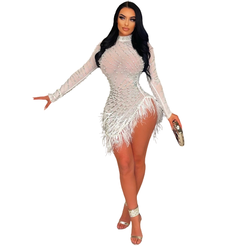 CM.YAYA Women Diamonds Hot Rhinestones Fur Hem Asymmetrical Long Sleeve Midi Dress Sexy Party Clubwear Night Bodycon Dresses