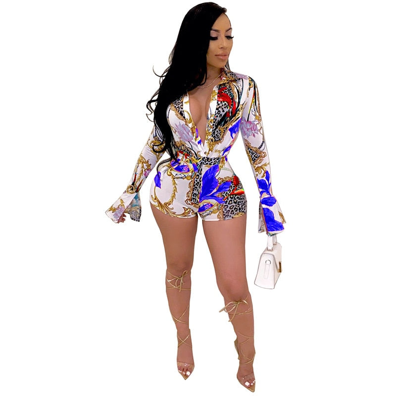 Women Summer Bodysuits Sexy V-Neck Full Sleeve Print Rompers