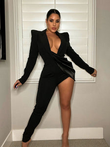 Elegant Women Sexy Party One Leg Blazer Style Long Sleeve Jumpsuit