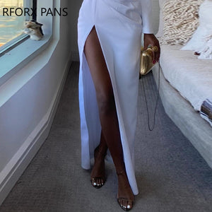 Women Solid Elegant Shrug Shoulder Long Sleeves Deep V Neck High Silt Maxi Sexy Formal Party White Dresses