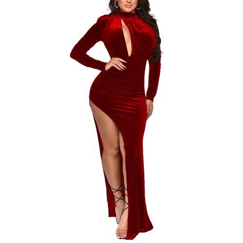 Sexy Women's Half high collar Long Sleeve Bodycon Slit Dress