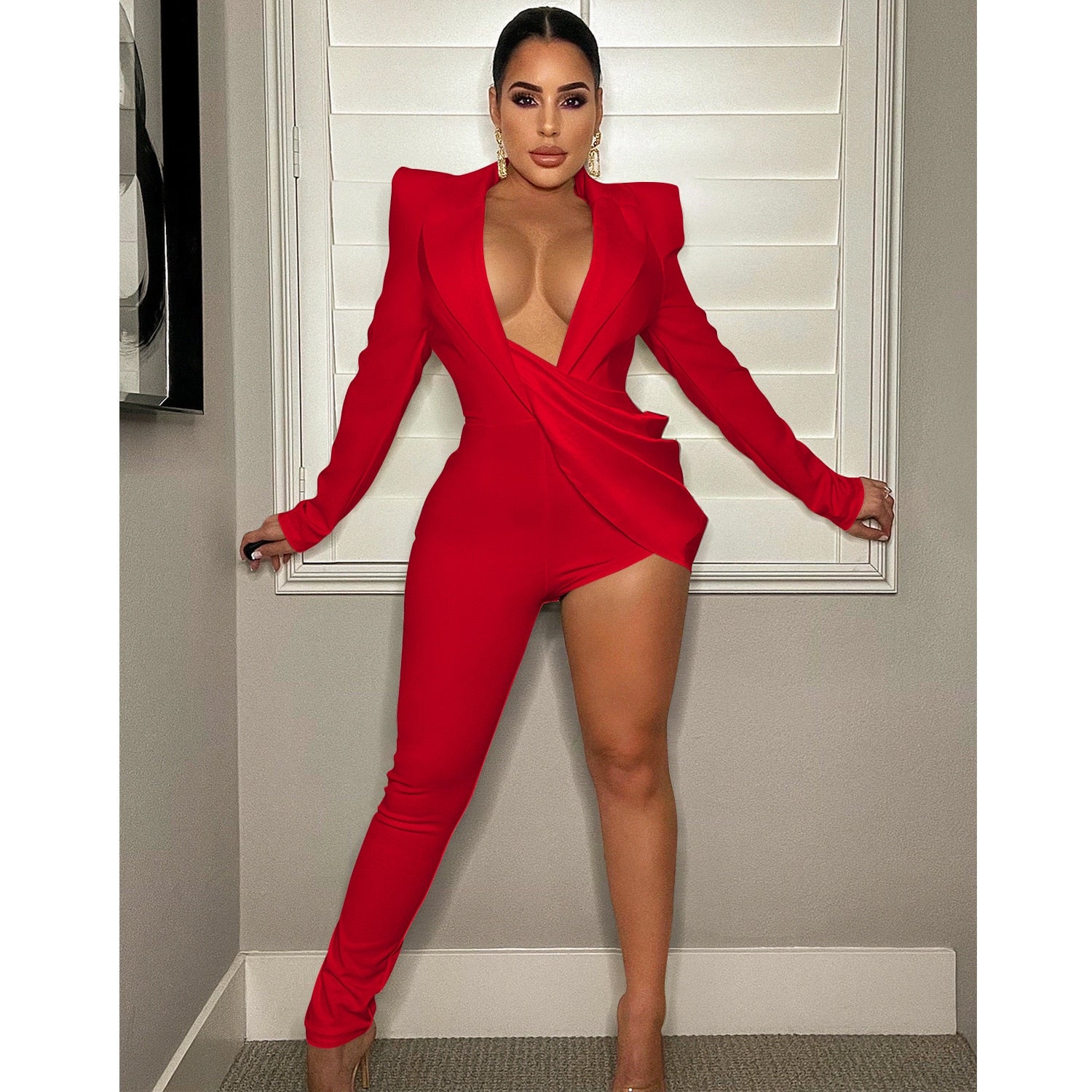 Elegant Women Sexy Party One Leg Blazer Style Long Sleeve Jumpsuit