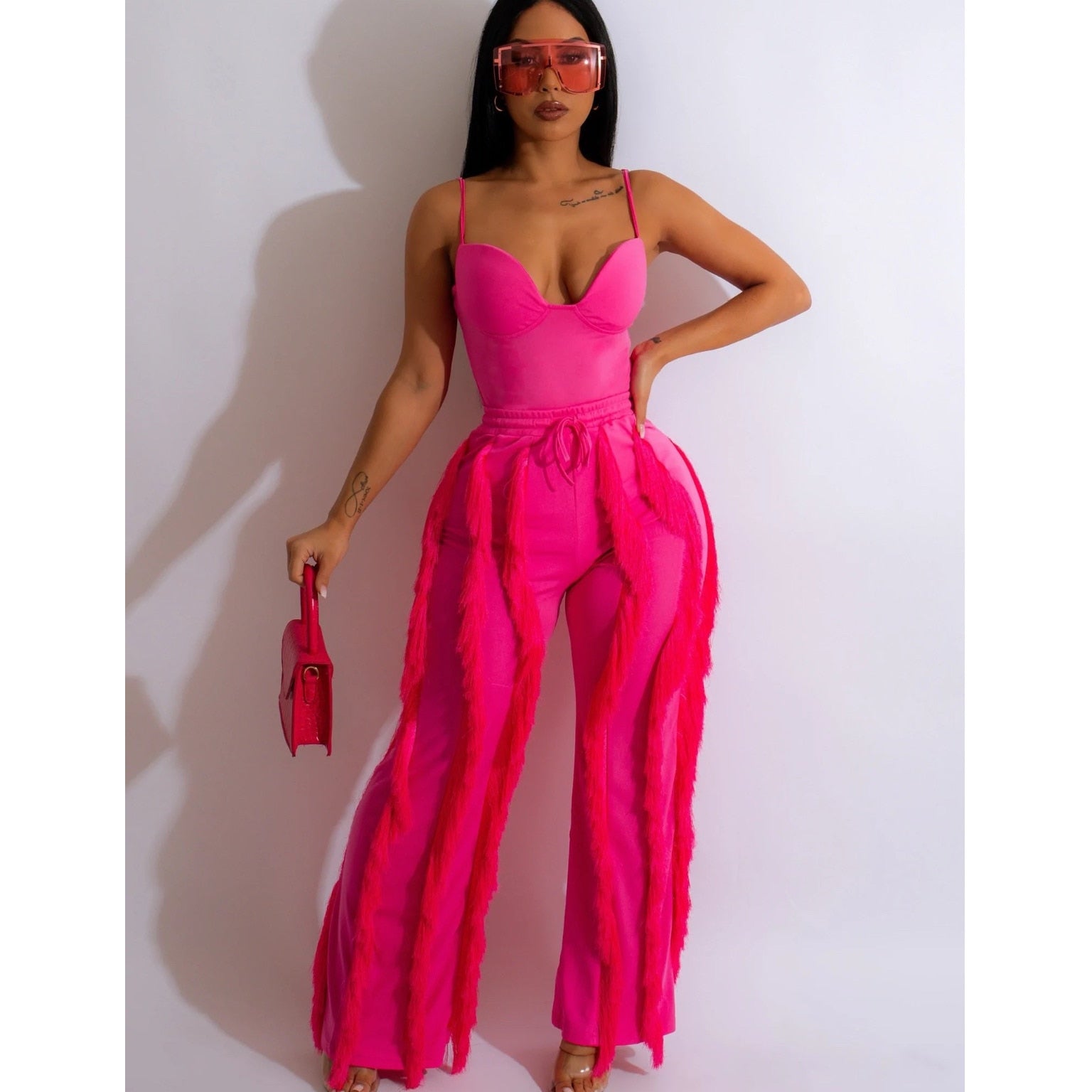 Set Strapless Plunging V-neck Top and Tassel Straight Pants Suit Two 2 Piece Set Outfits Tracksuit