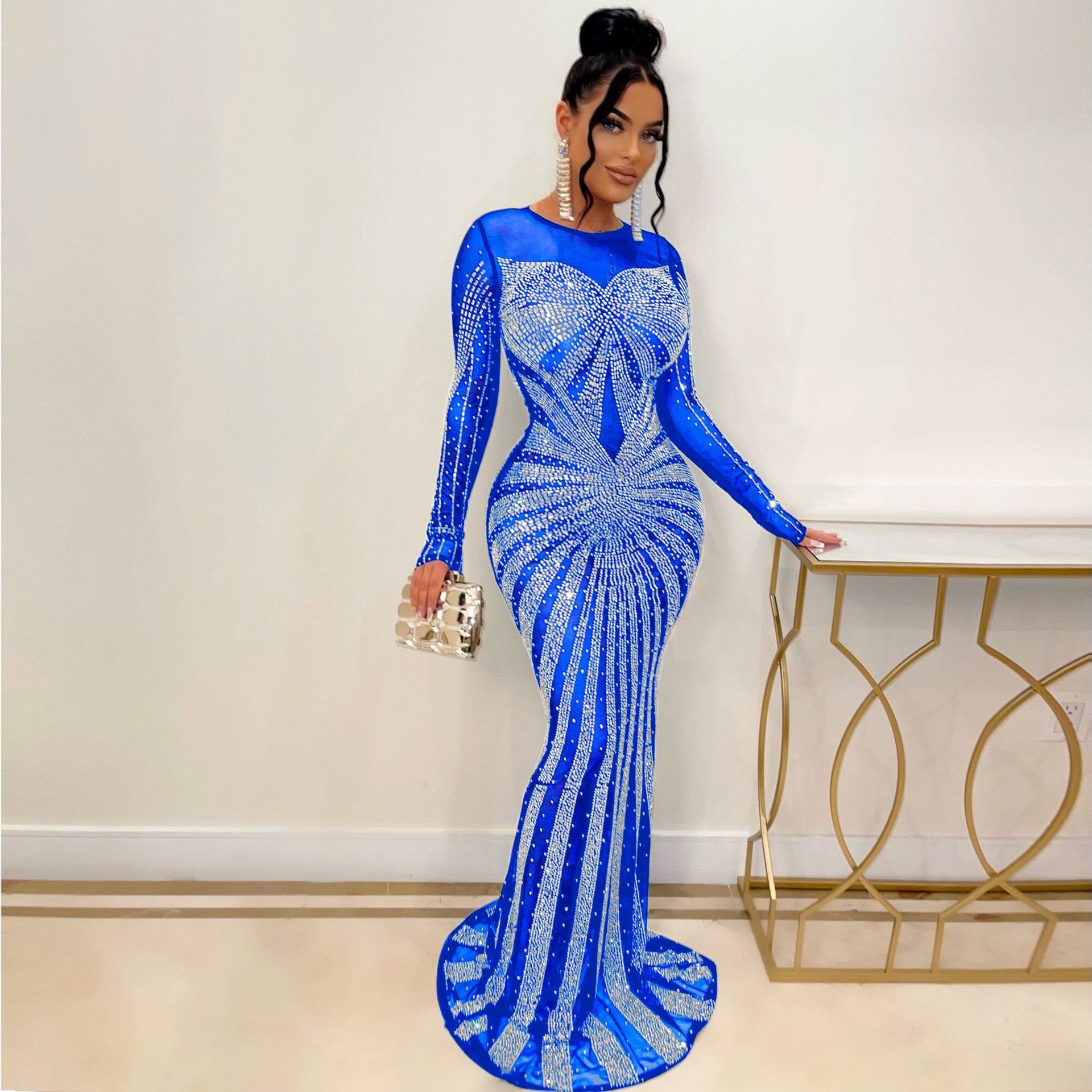 CM.YAYA Women Mesh Patchwork Diamonds Hot Rhinestones Bodycon Midi Mermaid Maxi Dress 2023 Evening Sexy Party Dresses Vestidos