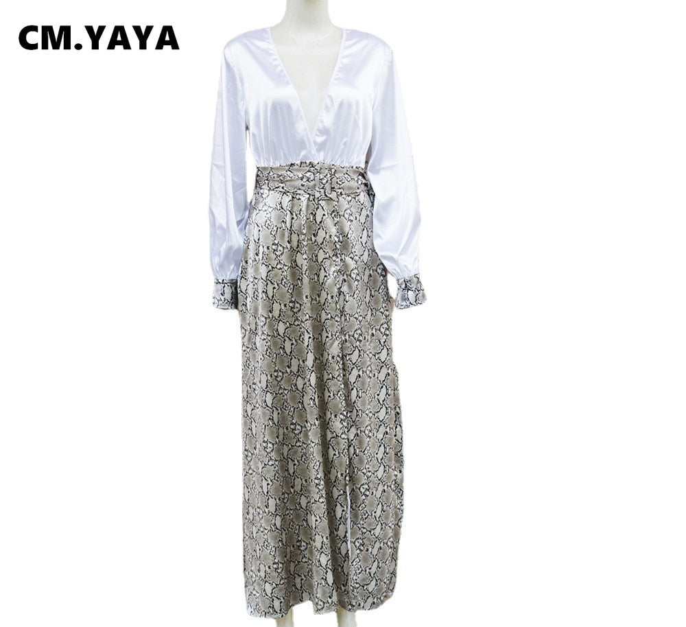 CM.YAYA Women Leopard Patchwork Deep V-neck Lantern Long Sleeve High Side Split Maxi Long Dress 2022 Sexy Party Clubwear Dresses