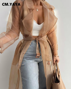 Women Organza See Though Sunscreen Long Sleeve Trench Summer Fashion Basic Double Breasted with Belt Tops