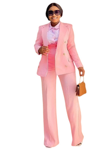 Businesswomen Blazer Sets 2 Piece Outfits Pink Jacket Wide Leg Pants