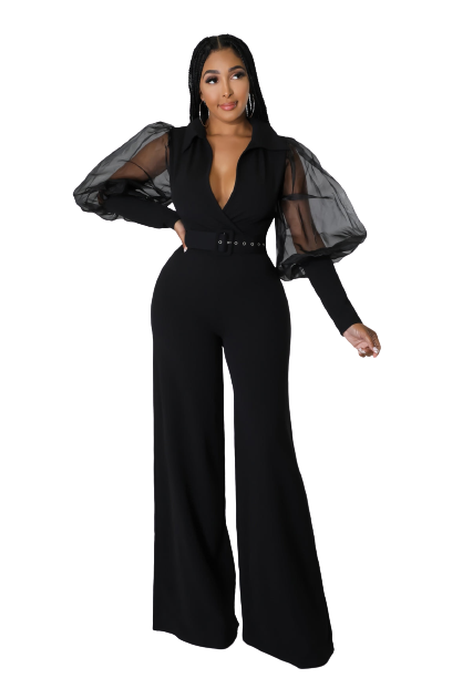 Women Mesh Lanter Long Sleeve with Belt High Waist Lapel Notched Collar Jumpsuit Playsuit Romper One Piece Set Outfits