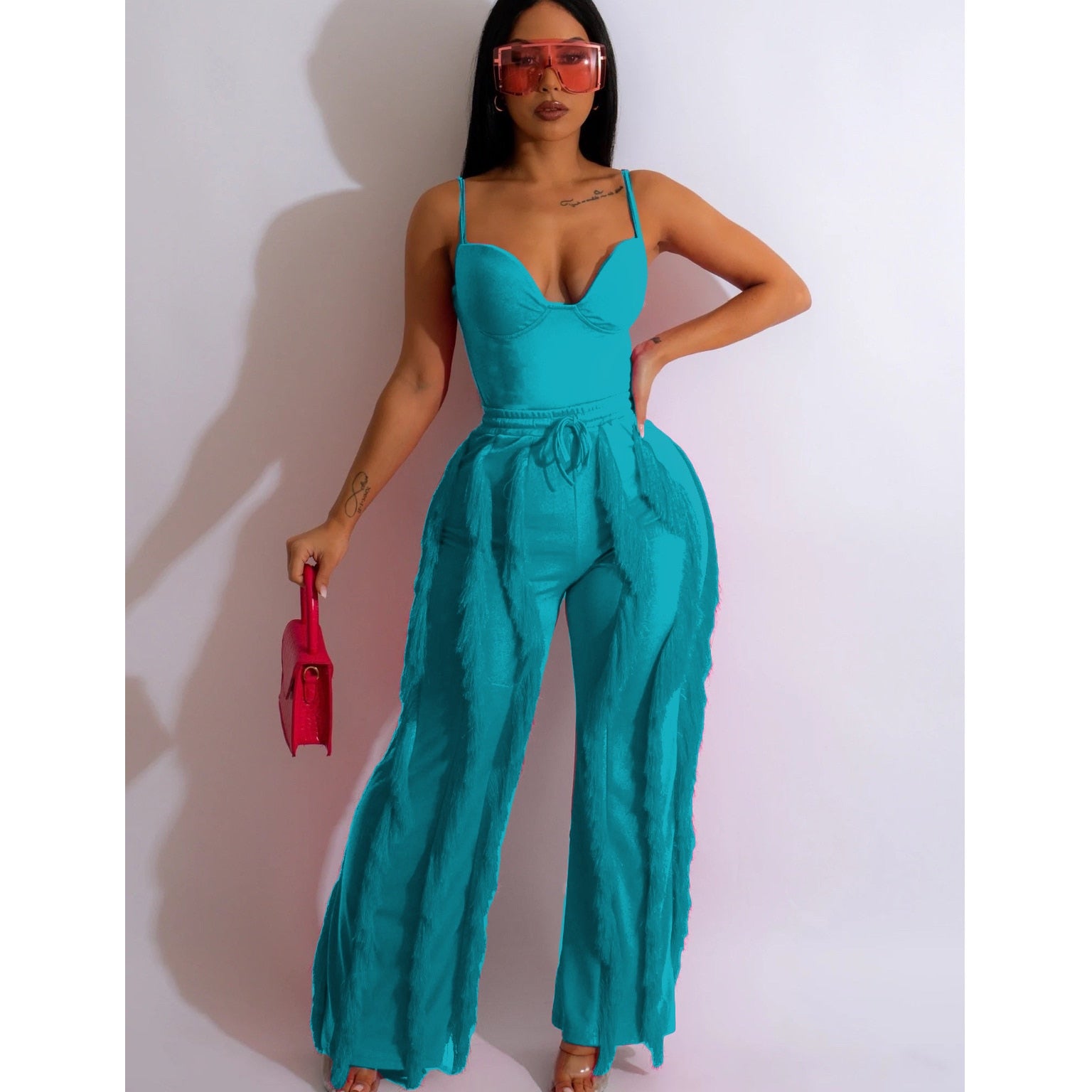 Set Strapless Plunging V-neck Top and Tassel Straight Pants Suit Two 2 Piece Set Outfits Tracksuit