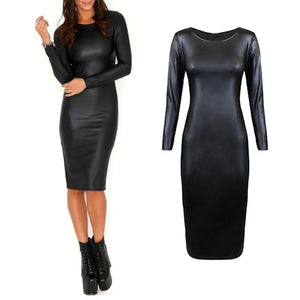 HOT Night Club Sexy Women Long Sleeve Crew Neck Faux Leather Bodycon Midi Dress