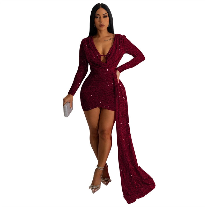 Adogirl Sequins Ribbon Mini Evening Party Dress Women Sexy Deep V Neck Long Sleeve Bodycon Night Club Vestidos Birthday Outfits