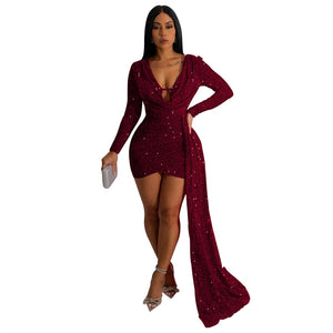 Adogirl Sequins Ribbon Mini Evening Party Dress Women Sexy Deep V Neck Long Sleeve Bodycon Night Club Vestidos Birthday Outfits