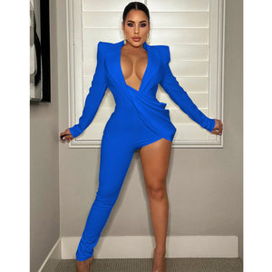 Elegant Women Sexy Party One Leg Blazer Style Long Sleeve Jumpsuit