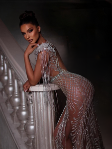 Luxury Beaded Mermaid Tassel Evening Gown