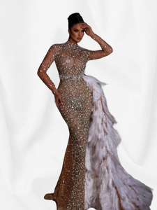 Sexy Illusion Rhinestones Long High Neck Full Lining Evening Dress