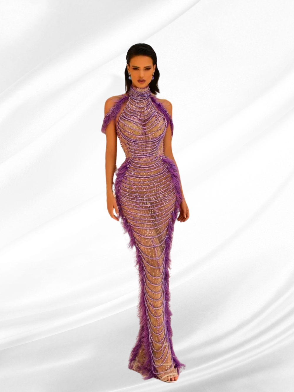 Feathers Straight Luxury Beaded Sequins Evening Dresses